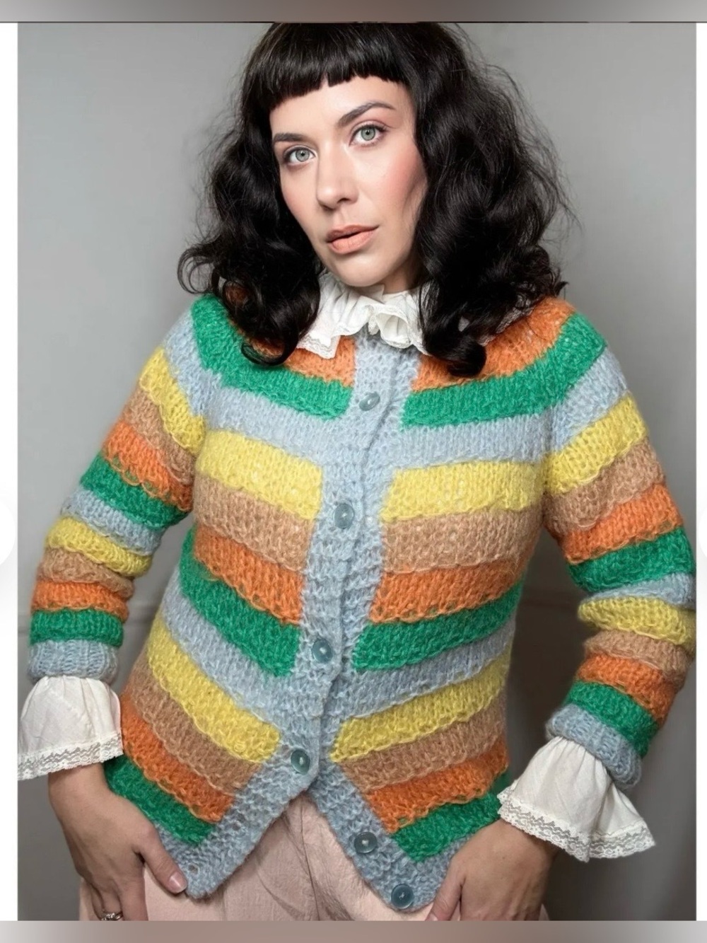 Vintage 1960’s Hand Made In Italy Wool/Mohair Striped Colorful Cardigan Sweater